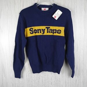 VINTAGE w/tag 1980's Extremely Rare Navy yellow Sony Tape knitted Sweater Size S